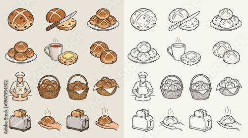 Collection of hand-drawn illustrations depicting various baked goods, including hot cross buns, bread rolls, and toast, presented in both color and monochrome styles.