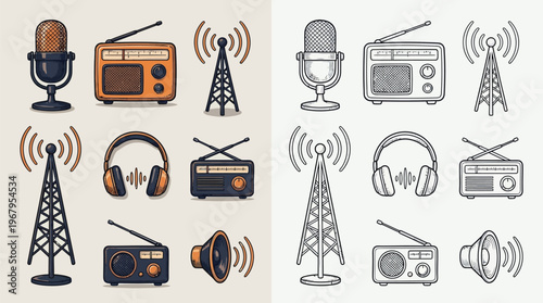 A collection of vintage radio and audio equipment icons, including microphones, radios, headphones, speakers, and transmission towers.