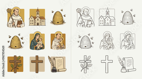 Collection of religious icons featuring saints, churches, beehives, the Virgin Mary, crosses, and writing quills, presented in both color and line art styles.
