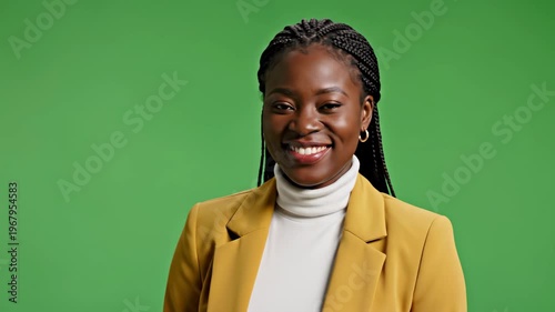 Confident professional woman smiling in studio with green background