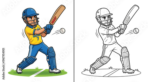 Cricket Player Vector Illustration Full Color Line Art Batting Sports Silhouette Dynamic Action Graphic Design Outline Symbol Poster Clipart Template Collection Artwork