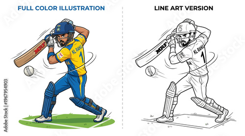 Cricket Player Vector Illustration Full Color Line Art Batting Sports Silhouette Dynamic Action Graphic Design Outline Symbol Poster Clipart Template Collection Artwork