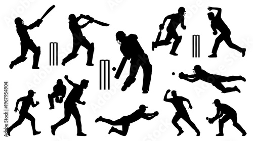 Cricket Vector Silhouettes Players Batting Bowling Fielding Wicketkeeper Catching Diving Sports Illustration Dynamic Action Outline Graphic Art Symbol Design Collection Poster