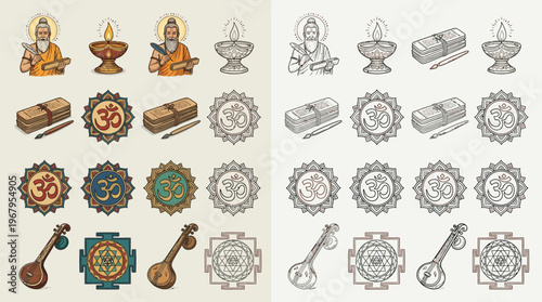 Collection of colorful and monochrome Indian cultural and religious icons, including deities, sacred symbols, and musical instruments.