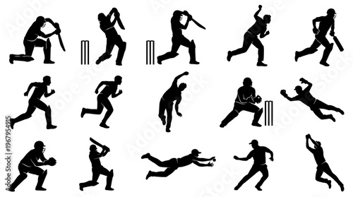 Cricket Vector Silhouettes Players Batting Bowling Fielding Wicketkeeper Catching Diving Sports Illustration Dynamic Action Outline Graphic Art Symbol Design Collection Poster