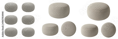 Photos Set and collection of round fabric poufs and soft upholstered ottoman stools in