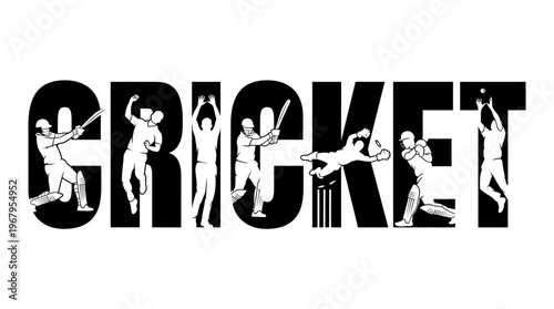 Cricket Vector Typography Design Players Batting Bowling Fielding Wicket Keeping Sports Silhouette Illustration Dynamic Action Letters Creative Art Graphic Collection Poster