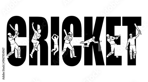 Cricket Vector Typography Design Players Batting Bowling Fielding Wicket Keeping Sports Silhouette Illustration Dynamic Action Letters Creative Art Graphic Collection Poster