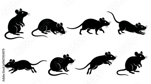 Mice Vector Silhouettes Collection Rodent Animal Illustration Standing Walking Sniffing Upright Crouching Whiskers Long Tail Black Outline Graphic Art Clipart Design