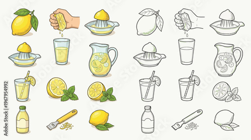 Collection of colorful and black and white illustrations depicting lemons, lemonade, and related items.