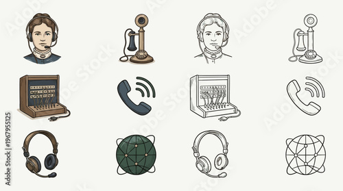 Collection of vintage and modern communication technology icons, including telephones, headsets, and network diagrams.