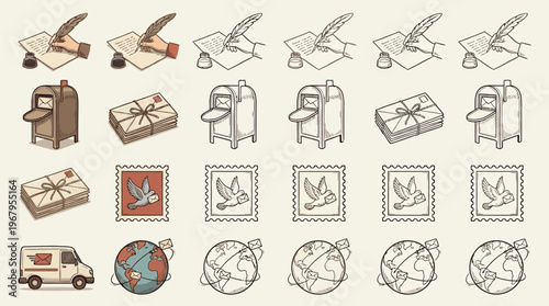 A collection of vintage-style illustrations depicting various aspects of postal services and communication, including writing letters, mailboxes, packages, stamps, and delivery vehicles.