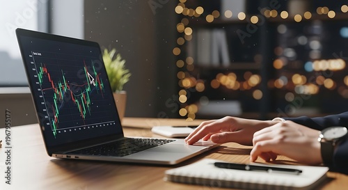 Business, finance, stock market analysis, person working on laptop