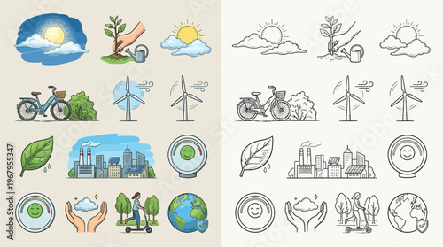 Collection of hand-drawn icons and illustrations representing environmental protection, sustainability, and eco-friendly practices.