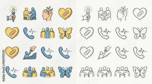 A collection of colorful and outlined icons representing concepts like support, health, community, and growth, presented side-by-side.