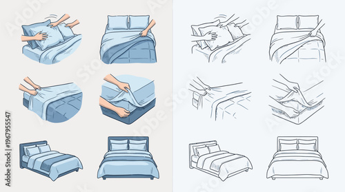 Step-by-step illustration showing how to put a duvet cover on a bed, with close-ups of hands and the final result.