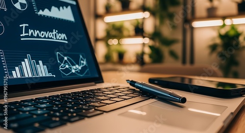 Laptop, business innovation concept, office workspace, technology