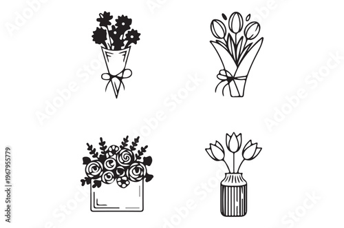 Simple black and white illustration of four flower bouquets in vases