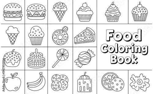 A collection of various food items arranged in a grid for children to color in this coloring book