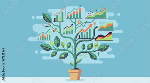 A potted plant grows with colorful graphs and charts on its leaves indoors.