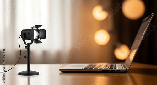 Webcam, laptop, video conferencing setup, remote work station, office desk with technology