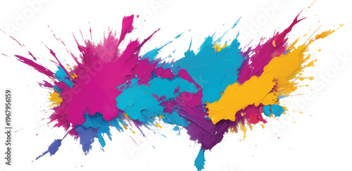 A burst of vibrant colored powder erupts, suspended in mid-air against a pristine white background, showcasing hues of cyan, magenta, yellow, and black toner in a mesmerizing display of color