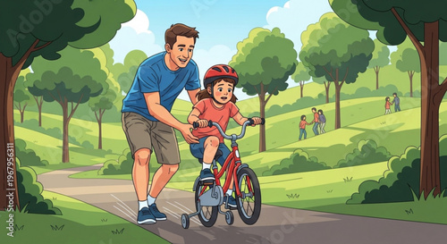 Father teaching young daughter to ride bike on sunny park path with safety helmet