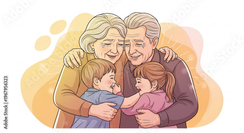 Elderly grandparents hugging young grandchildren in warm family embrace with smiling faces