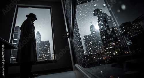 Noir detective, cityscape at night, rainy window, urban mystery, dark atmosphere