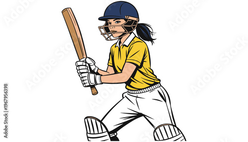 Cricket player woman in action with bat and protective gear