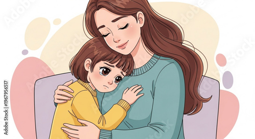 Mother and child hugging warm embrace love and care family bonding tender moment affectionate relationship cozy background pastel colors illustration digital art