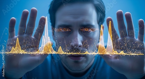 Man with glowing orange eyes, futuristic sound wave, technology concept, digital visualization