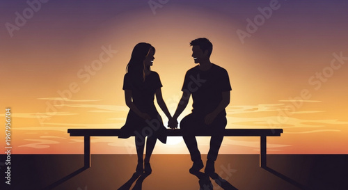 Silhouette of a loving couple sitting on a bench holding hands at sunset or sunrise with a beautiful sky background