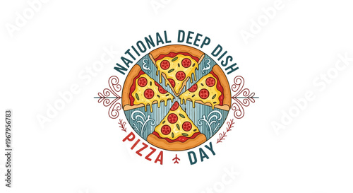 A cheerful deep-dish pizza character illustration, an anthropomorphic slice with a big smile, perfect for celebrating a delicious food holiday or special culinary event