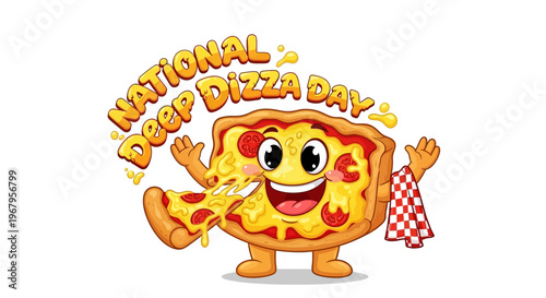 A cheerful deep-dish pizza character illustration, an anthropomorphic slice with a big smile, perfect for celebrating a delicious food holiday or special culinary event
