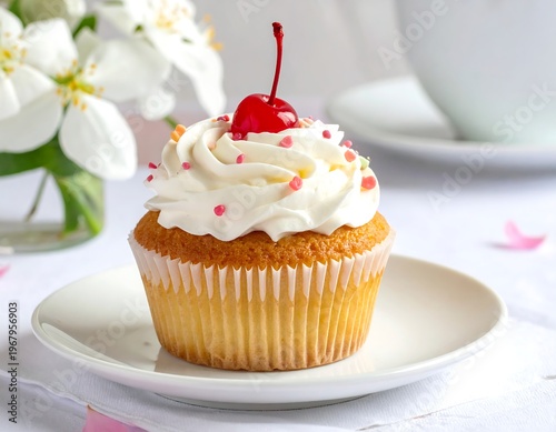 A frosted cupcake on a white plate with a cherry on top