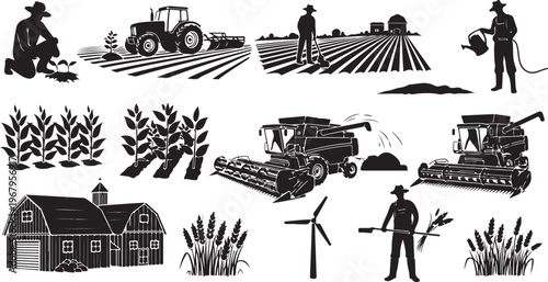 Agricultural farming icons and silhouettes of rural landscape and equipment tools
