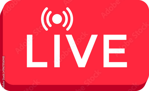 3D Red Live Streaming Button Icon with Broadcast Symbol Isolated on White Background