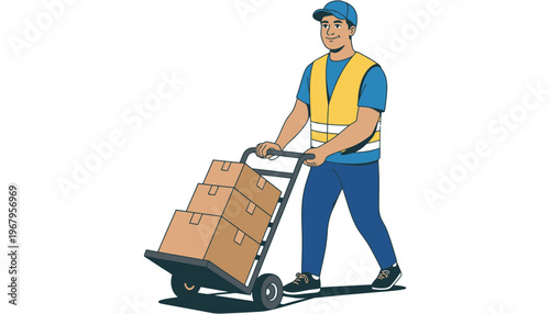 A delivery man pushing a hand truck with cardboard boxes