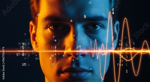 Futuristic, neon-lit portrait, coding background, technology concept, digital human face