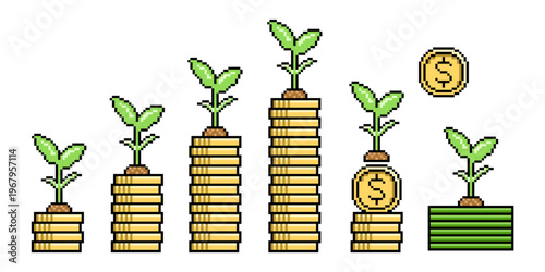 Set pixel investment illustration element vector for retro finance apps. Ideal for symbolizing 8-bit digital wealth, arcade style market trading, and nostalgic economic growth concepts.