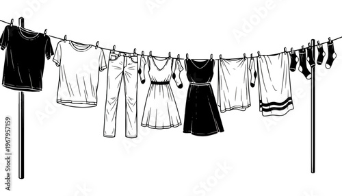 Clothing hanging on a line in a black and white illustration