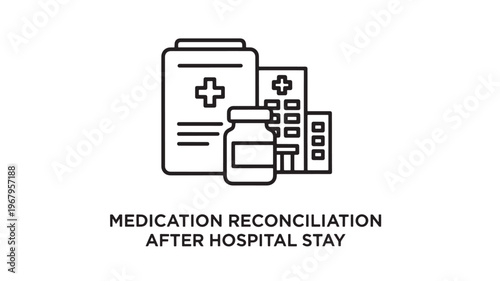 A medical illustration representing medication reconciliation process after hospital discharge, featuring a clipboard, medication bottle, and pill box.