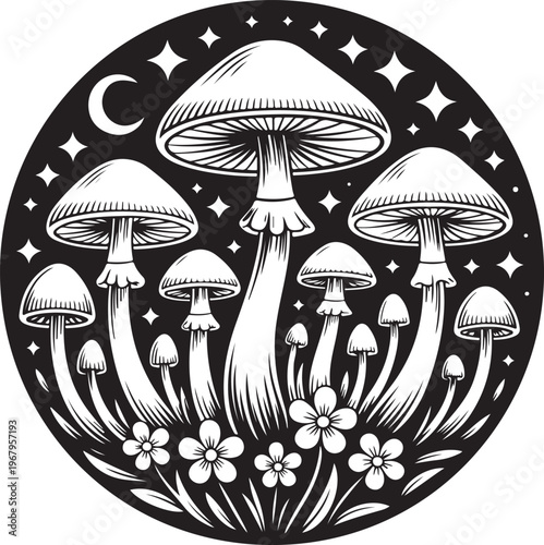 Autumn forest nature illustration featuring edible organic mushrooms and red amanita fungi in the grass and on a black background vector pattern