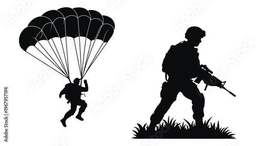 Soldier parachuting into battle with a rifle in hand at night