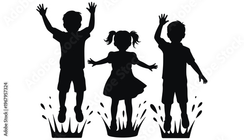 Children jumping in the air with joyful silhouettes at play