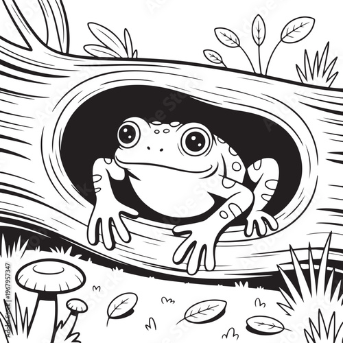 Cute green cartoon frog character sitting on a mossy tree branch, a funny vector illustration of an amphibian wildlife animal with a smile isolated on a nature pond background