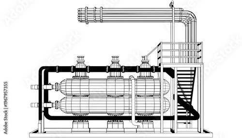 Industrial equipment with pipes and valves in a factory setting