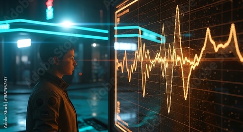 Man looking at ECG, heart rate monitor, medical technology, futuristic interface