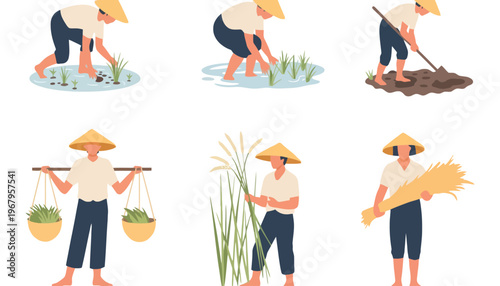 Farmer illustration set with various rice cultivation activities